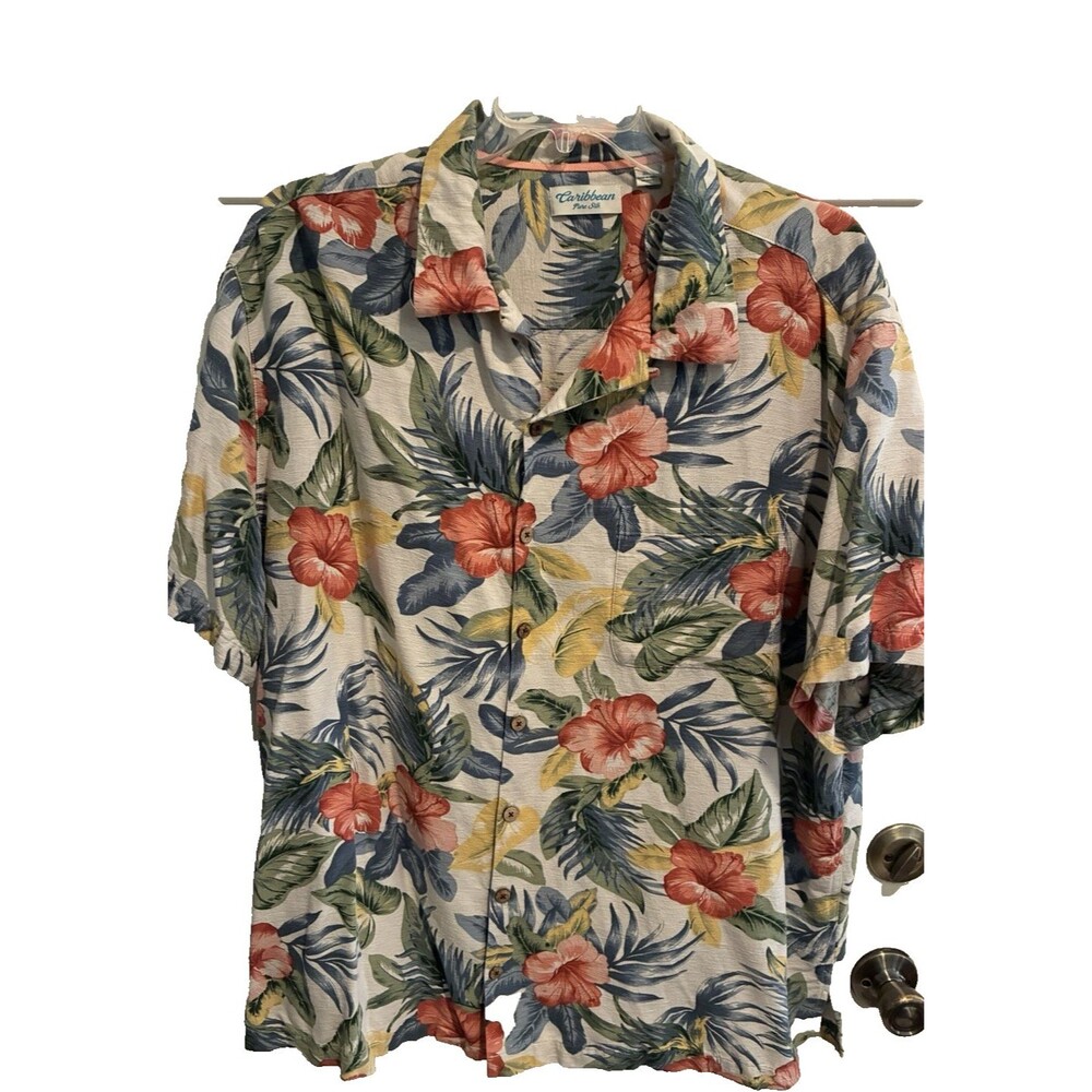 Caribbean Brand Pure Silk Mens Tropical Hawaiian Shirt Hibiscus Flowers Size 3XB